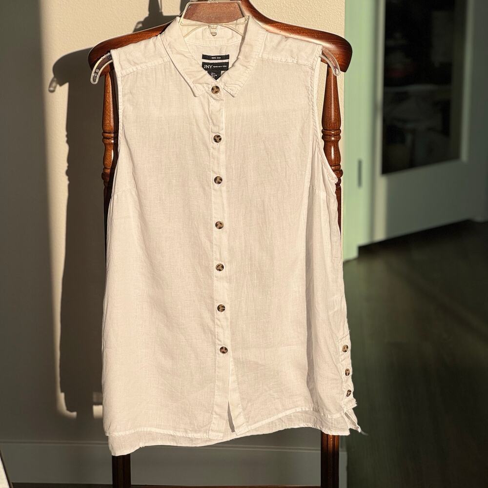 JNY Jones New York 100% Linen Sleeveless Button Front Blouse White L